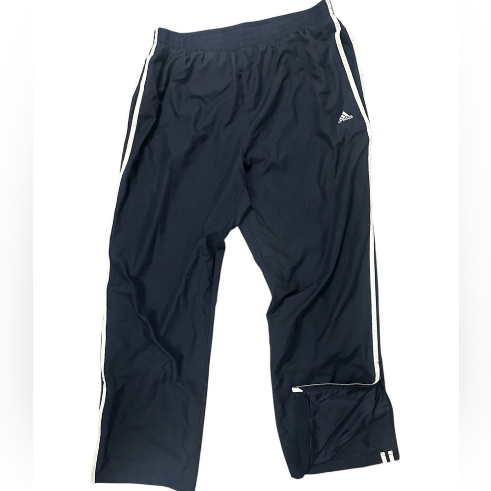 Y2K Adidas Track Pants Mens 2XL Navy Blue Wide Leg Zip Bottom 3 Stripes Pockets